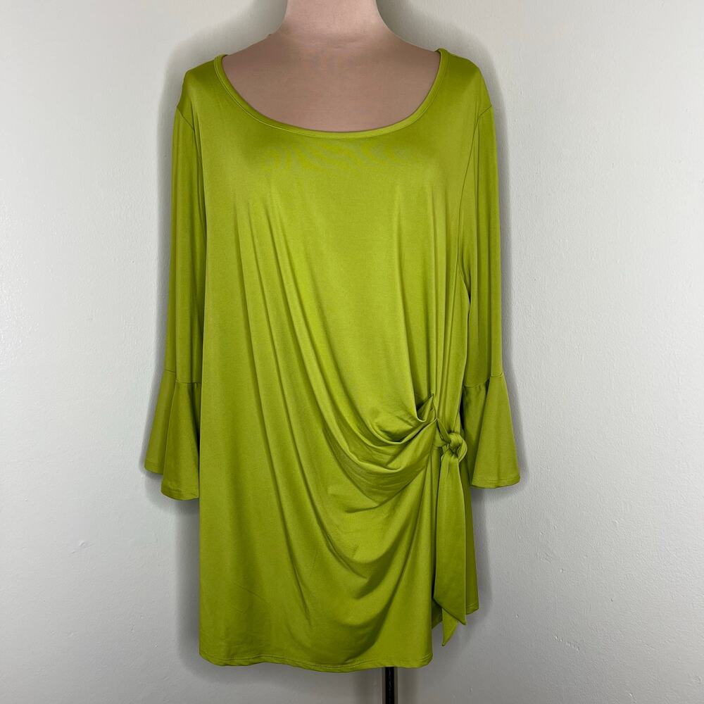 Chenault Blouse Top 26/28 Womens 4X Plus Green Tie Drape Bell Sleeve Jersey New